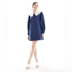 Sister Jane Heart Embellished Denim Mini Dress Size Large 100% Cotton